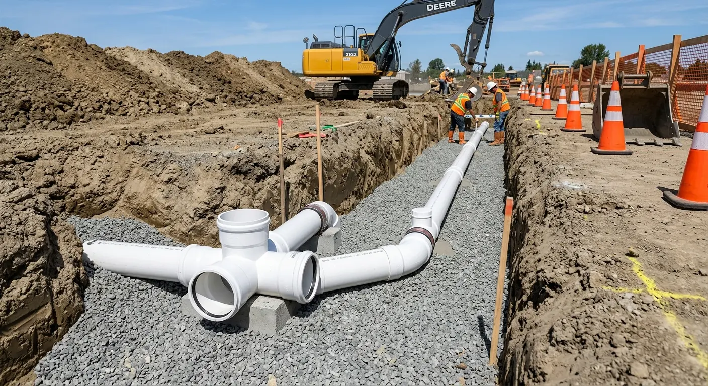 New PVC sewer pipe installation in open trench for Commercial Drain Cleaning in Lighthouse Point