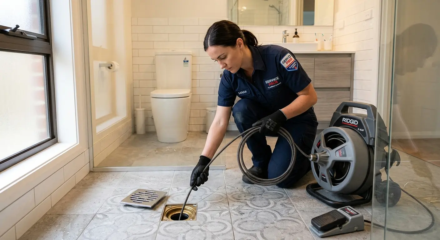 Technician clearing a bathroom floor drain for Sewer Line Replacement in Lighthouse Point